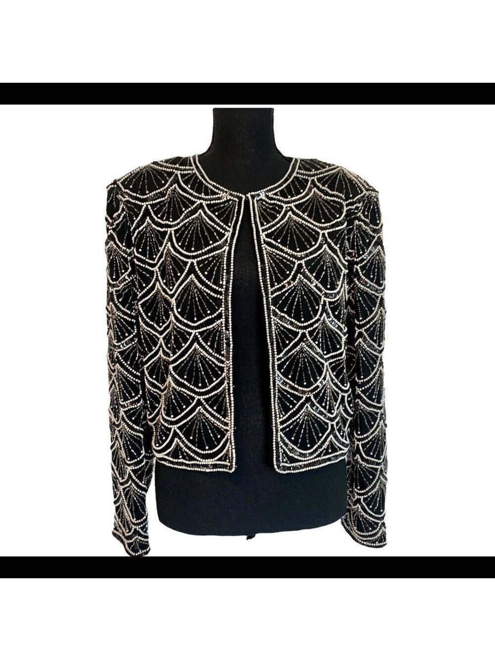 Laurence Kazar beaded sequin faux pearl silk vintage 80’s 90’s evening jacket